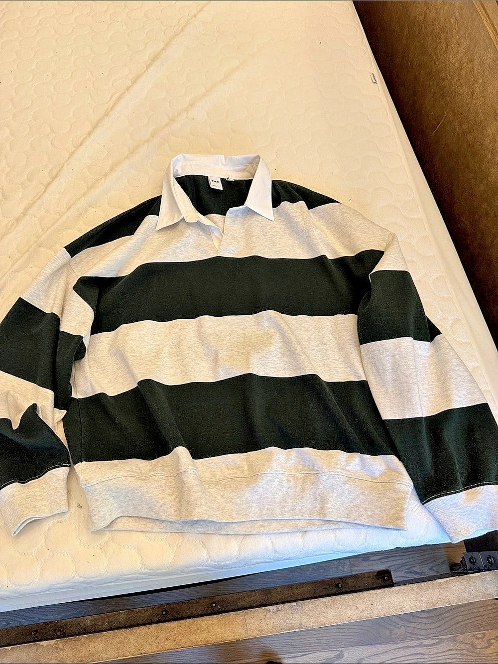 Aritzia TNA striped polo. Grey and hunter green